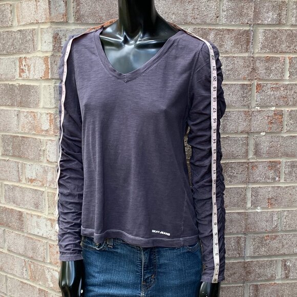 DKNY Ruched Long Sleeve Puffed Shoulders V-Neck Top SzS - Picture 8 of 11